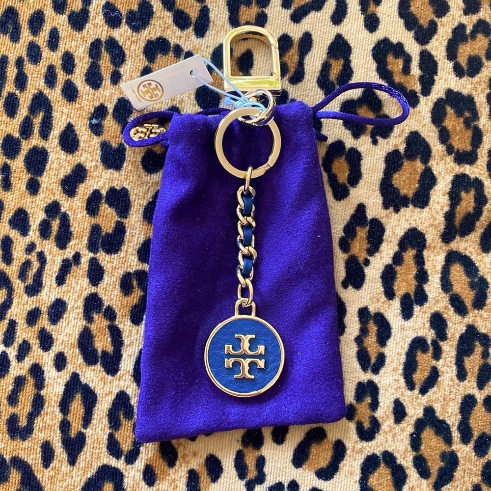 Tory Burch navy leather and gold metal keychain